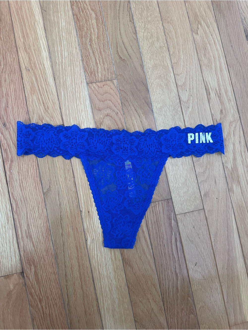 PINK Lace Thong Panty in Royal Blue Size Large